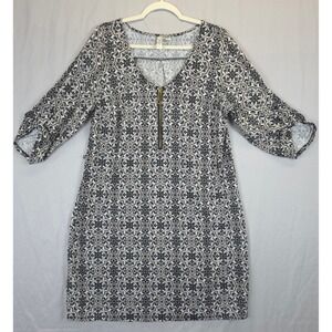Tacera Women 1X Black White Geo Print Dress Zip V Neck Texture Stretch Shift